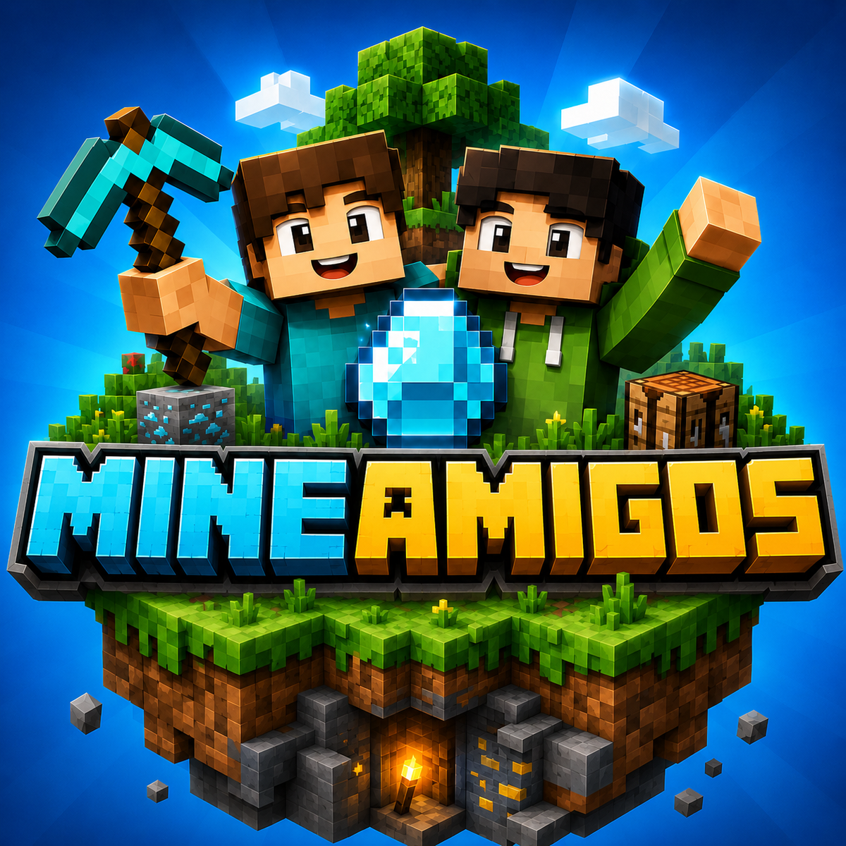 Icono de MineAmigos con personajes voxel, isla flotante y el logo MineAmigos